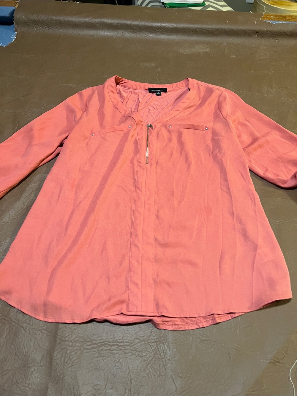 Fortune + Ivy Coral V-Neck Blouse with Front Zip
